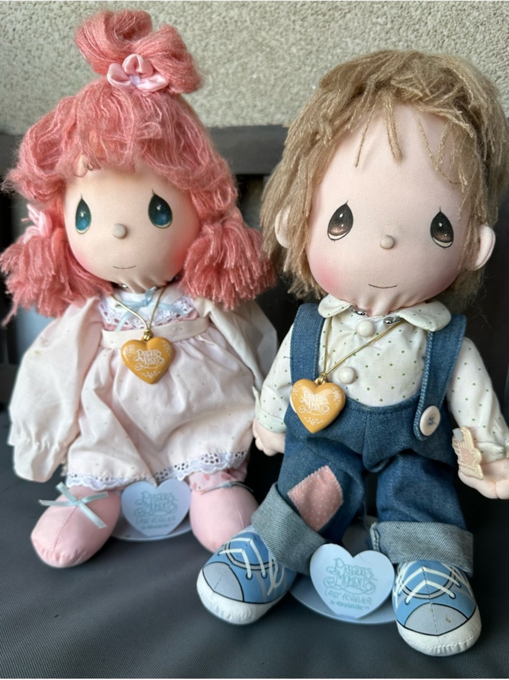 Precious Moments Pink & Blue Plush Boy and Girl Dolls with Heart Necklaces